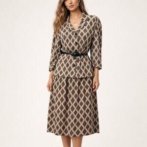 Vintage 80s Boho Peplum Midi Dress Beige Black Geometric Print L